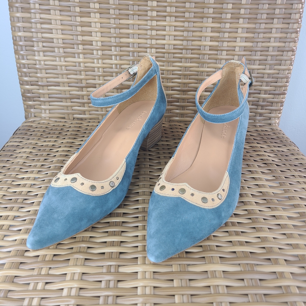 Sundance Blue Cream Studded Ankle Strap Suede Heels Shoes Sandals Pumps Size 40